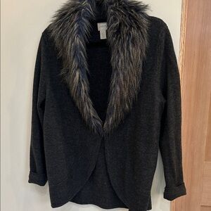 Chico's Elegant charcoal Cardigan with Faux Fur Trim